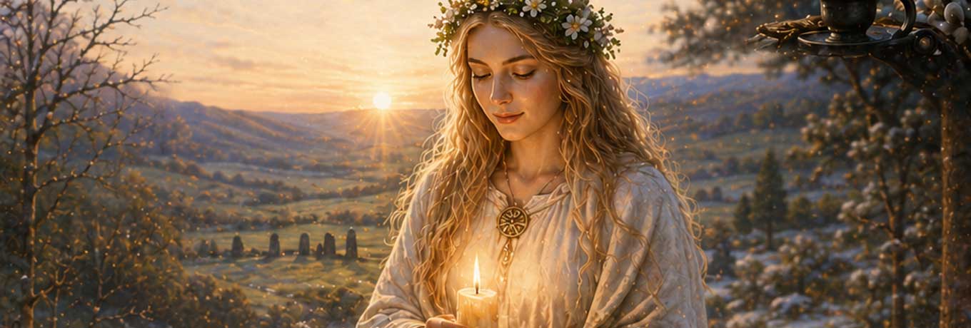 Frau mit Blumenkranz und Kerze in mystischer Lichtstimmung