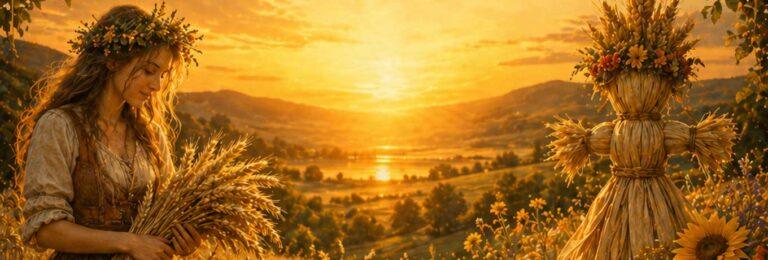 Frau im goldenen Weizenfeld bei Sonnenuntergang mit Kornpuppen und Ähren, Lammas Schnitterinnenfest