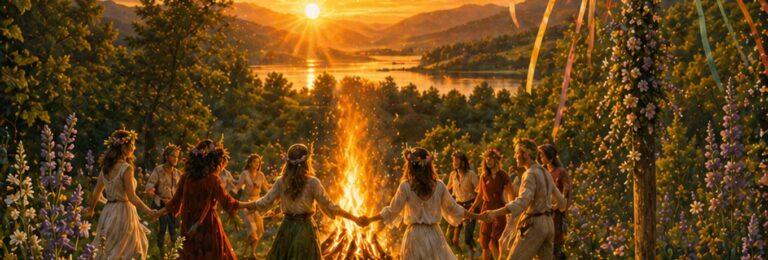 Sommerblumen und goldenes Licht mit Schriftzug Litha Sommersonnenwende Mittsommer