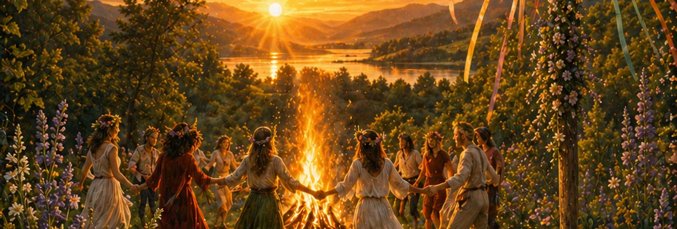 Sommerblumen und goldenes Licht mit Schriftzug Litha Sommersonnenwende Mittsommer