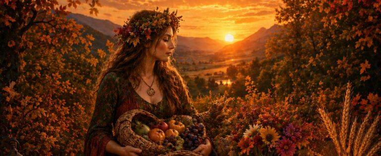 Frau mit Herbstkranz und Früchten vor goldenem Sonnenuntergang, umgeben von buntem Laub