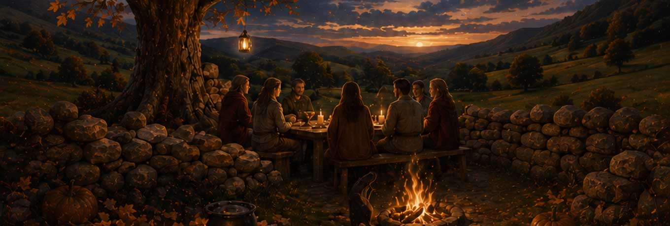 Menschen versammelt um ein Feuer bei Nacht mit Kerzen und herbstlicher Stimmung.