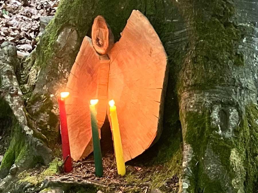 Tulpen im Kreis um eine Kerze im Wald. Altar - Walpurgisnacht
