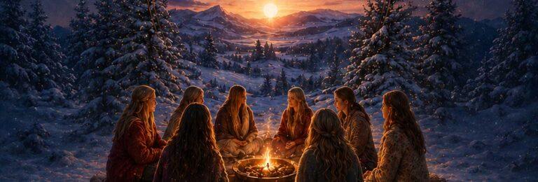 Frauen in Umhängen sitzen im Kreis um ein Feuer. Die Winternacht bricht herein, die Sonne geht am Horizont unter.