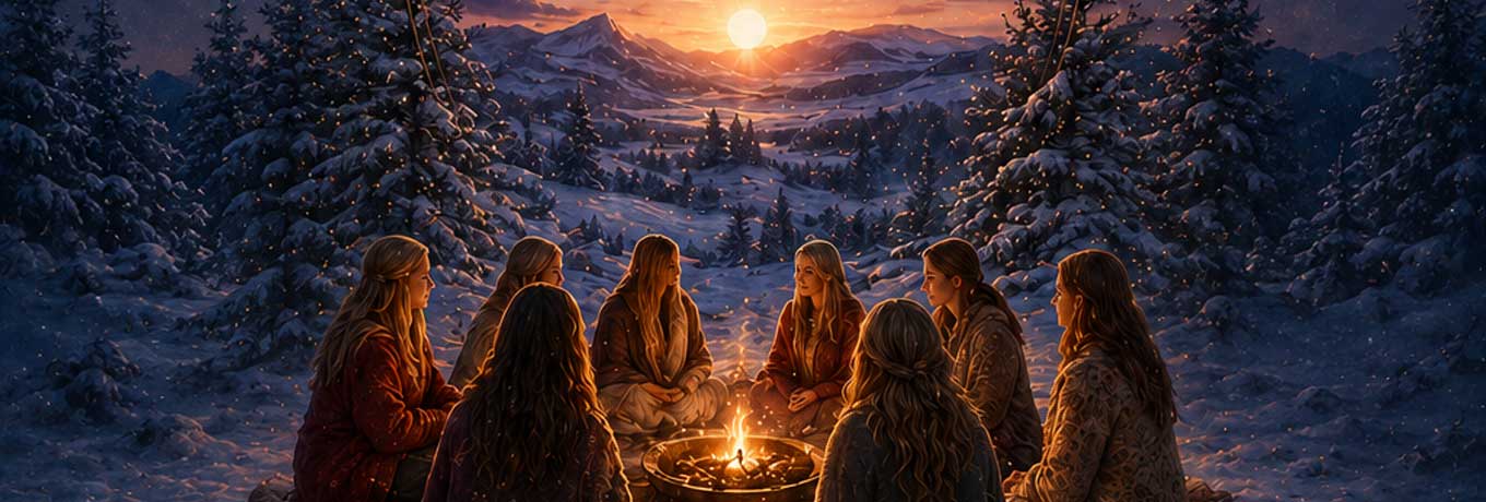 Frauen in Umhängen sitzen im Kreis um ein Feuer. Die Winternacht bricht herein, die Sonne geht am Horizont unter.